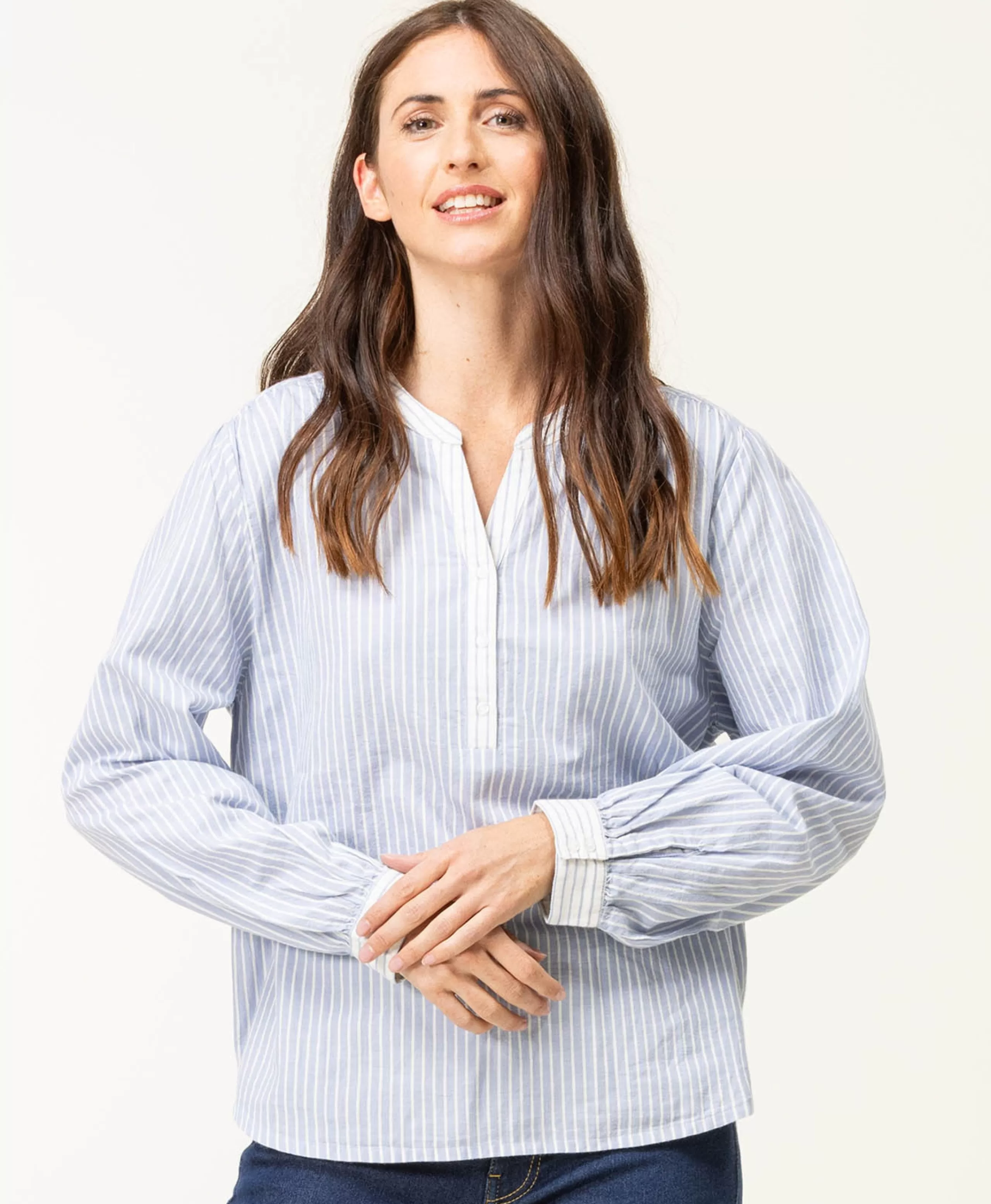 BLOUSE ML FOND NATUREL RAYE BLEU CARDONE*Terre de Marins Best Sale