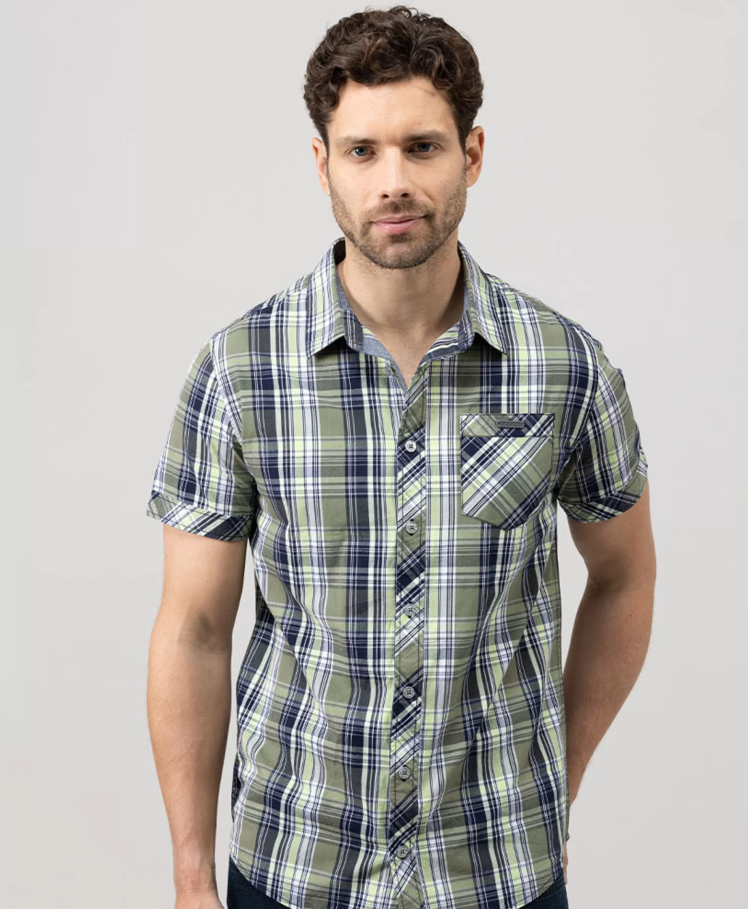 CHEMISE CHEMISIER MC CARREAUX VERT OLIVE ECARO*Terre de Marins Flash Sale