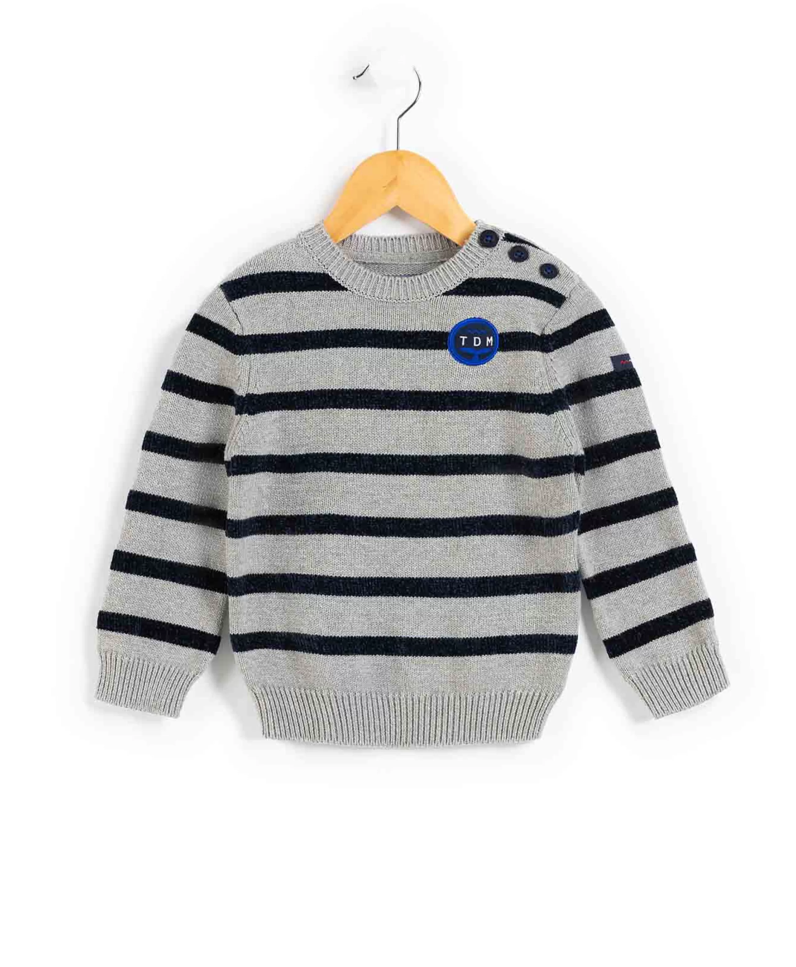 PULL FOND GRIS CHINE RAYE INDIGO KOMARIN*Terre de Marins Clearance